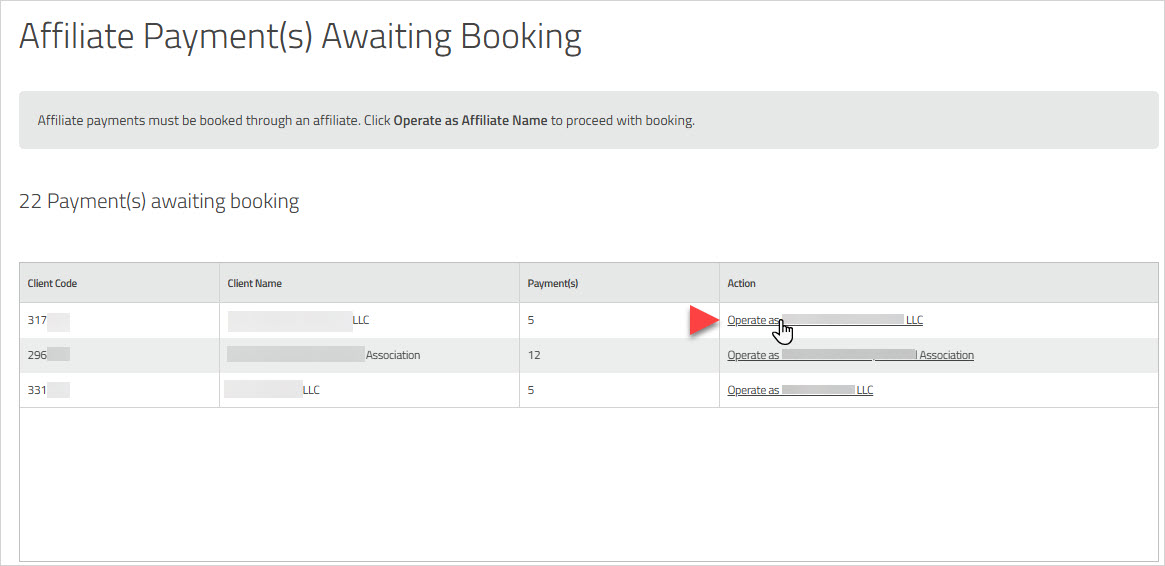 Affiliate Payments Awaiting Booking